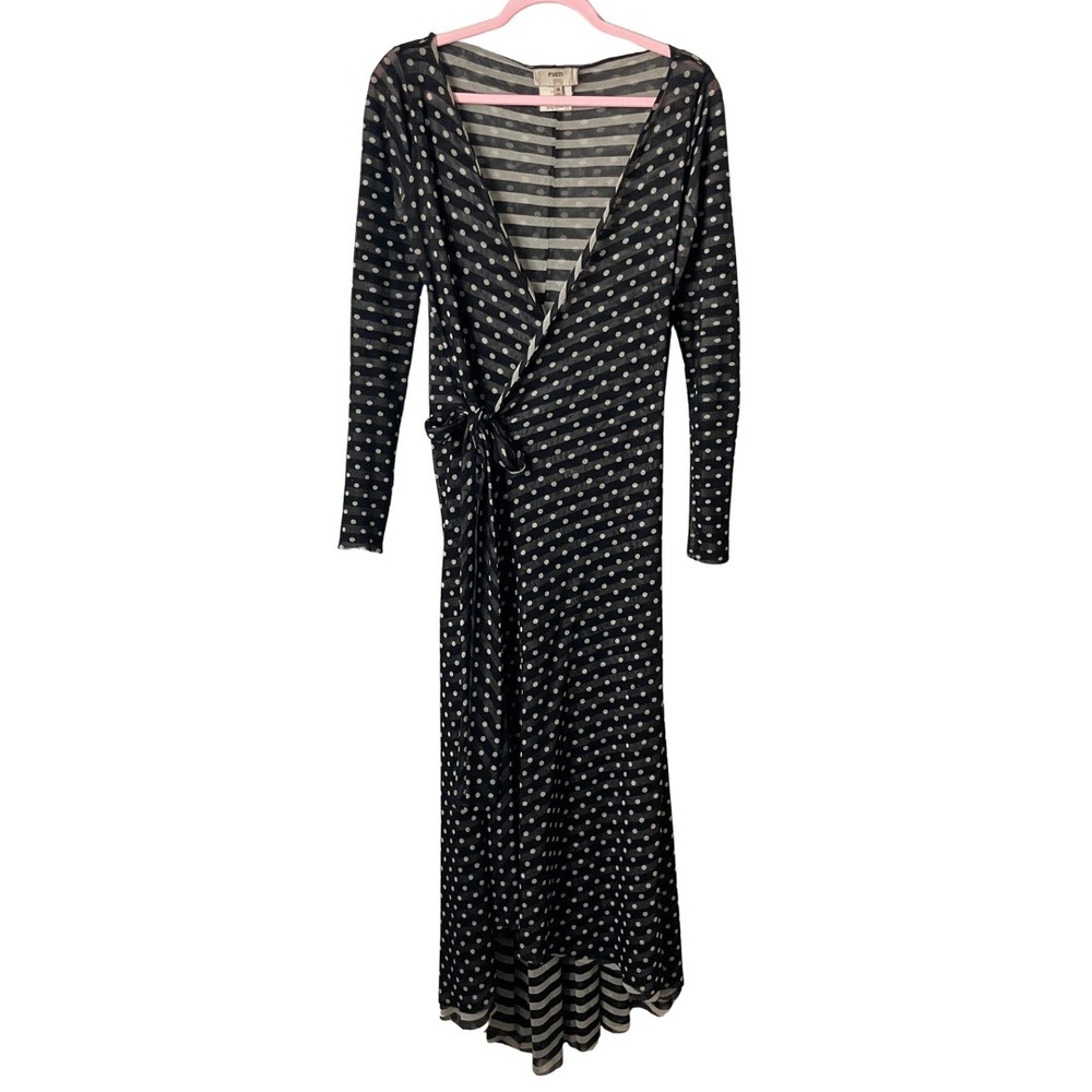 Fuzzi Wrap Dress Womens Medium Black Tan Polka Dot Striped Sheer Mesh Maxi Retro
